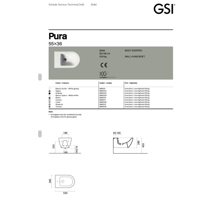 Závěsný bidet GSI Pura 50x36 cm, s povrchem ExtraGlaze - bílý