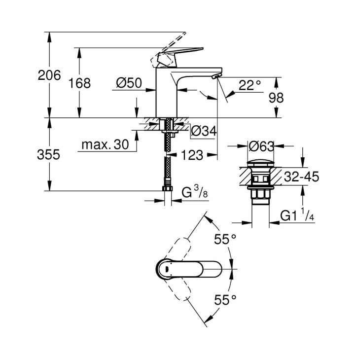 Umyvadlová baterie Grohe Eurosmart Cosmopolitan stojící, wys. 206 mm, chrom, páková