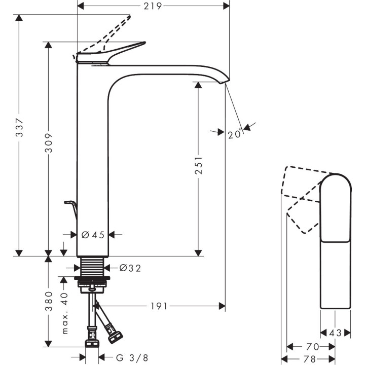 Umyvadlová baterie Hansgrohe Vivenis, stojící, páková, výška 175mm, CoolStart, bez výpusti, chrom