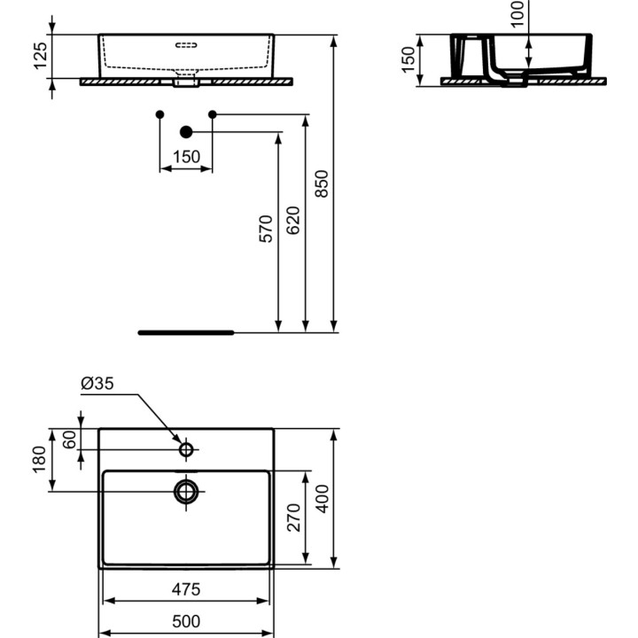 Závěsné umyvadlo Ideal Standard Extra, 80x45 cm s otvorem pro baterii - bílá