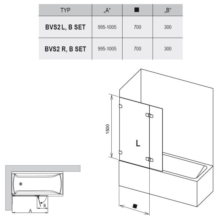 Ścianka wannowa Ravak BVS2 L 100 transparent- sanitbuy.pl