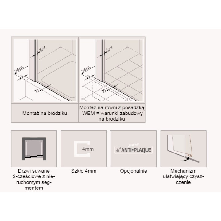 Dveře posuvné Huppe Aura Elegance , 900 x 900 mm, čiré sklo stříbrná mat , - sanitbuy.pl