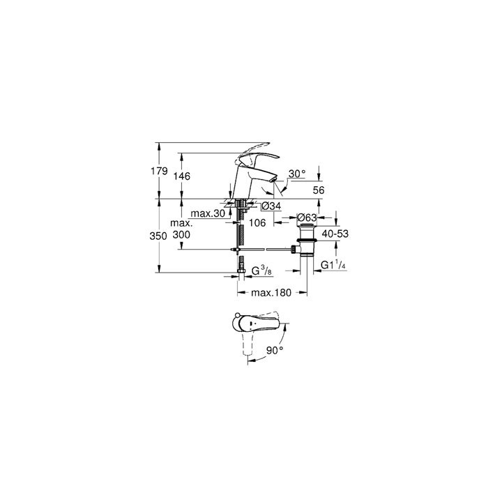 Bateria umywalkowa Grohe Eurosmart stojąca, wys. 184 mm, chrom, jednootworowa- sanitbuy.pl
