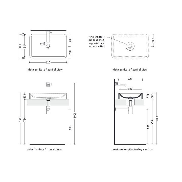 Umyvadlo na postavení na desku Flaminia Nile 40, bílá lesklá, wym. 40 x 40 x 10 cm, bez přepadu- sanitbuy.pl
