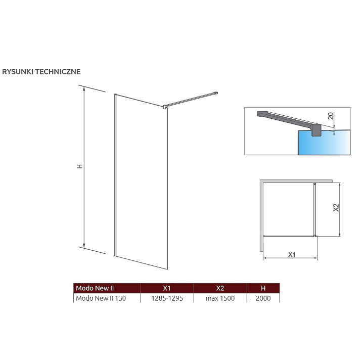 Stěna Walk-In Radaway Modo New II 130, 128.5-129.5x200cm, chrom, sklo čiré- sanitbuy.pl