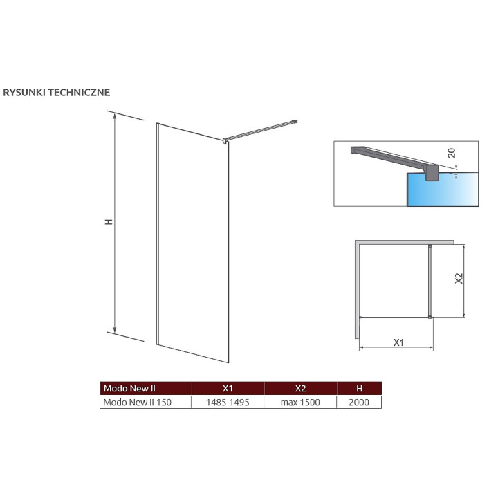 Stěna Walk-In Radaway Modo New II 150, 148.5-149.5x200cm, chrom, sklo čiré- sanitbuy.pl