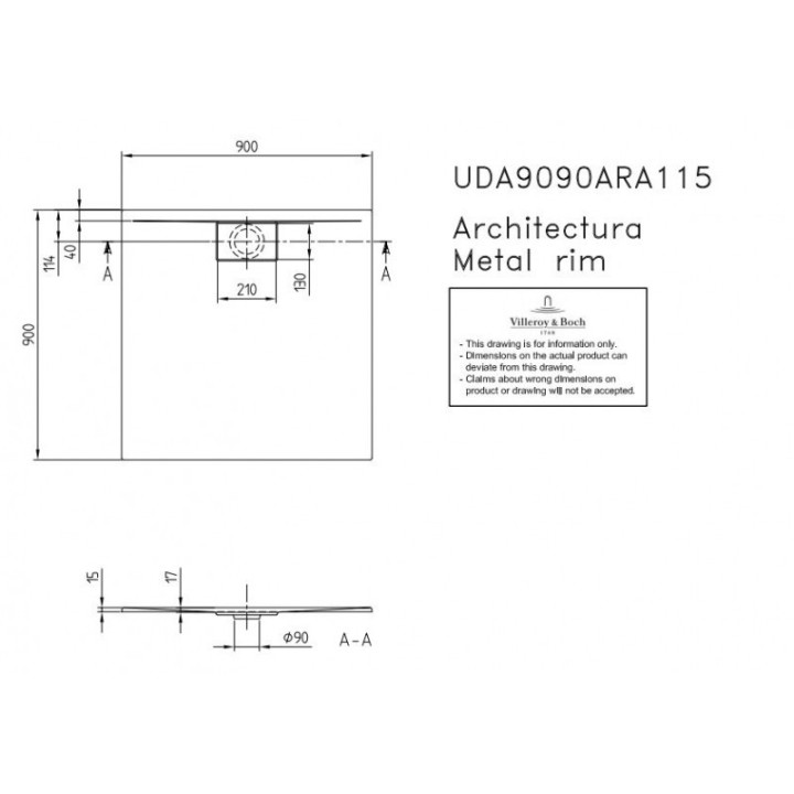 VILLEROY&BOCH ARCHITECTURA METALRIM čtvercová sprchová vanička 90X90cm- sanitbuy.pl