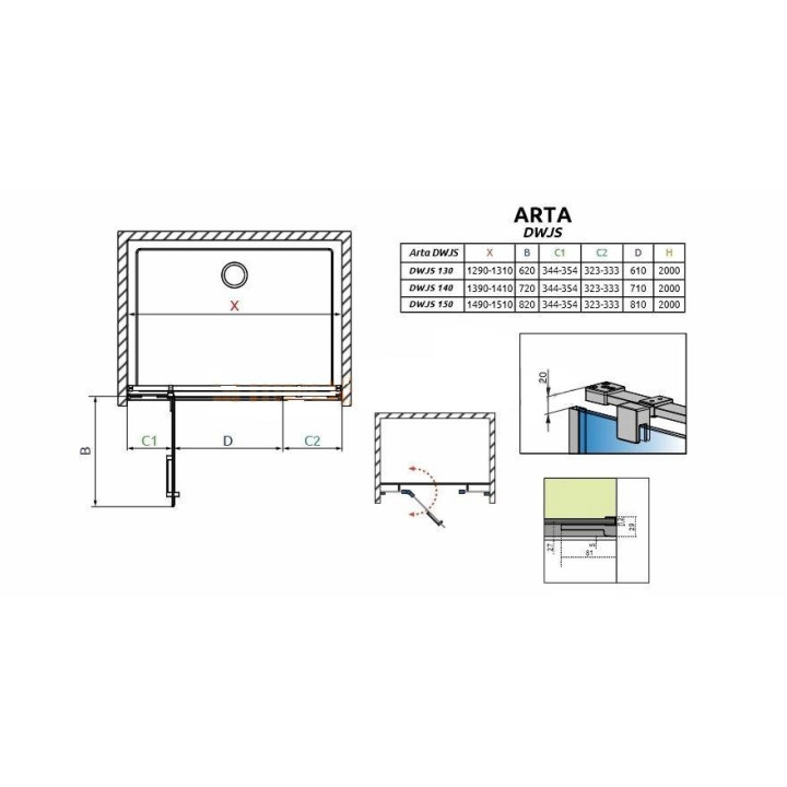 Dveře sprchové wnękowe 140cm x 200cm ze ściankami stałymi levé Radaway Arta DWJS- sanitbuy.pl