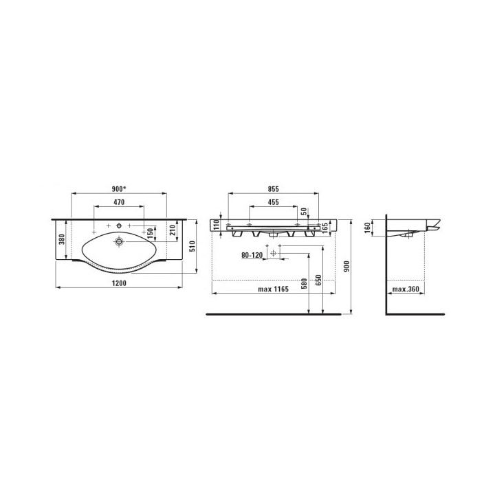 Umyvadlo nástěnná Laufen PALACE s relingem 1200 x 510 mm s otvorem pro baterii blaty umywalki s možností docinania bílá- sanitbu
