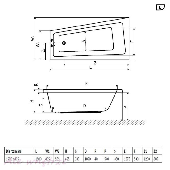 Badewanne Excellent Ava Side Eck- 150x80,5 cm Acryl- links, weiß- sanitbuy.pl