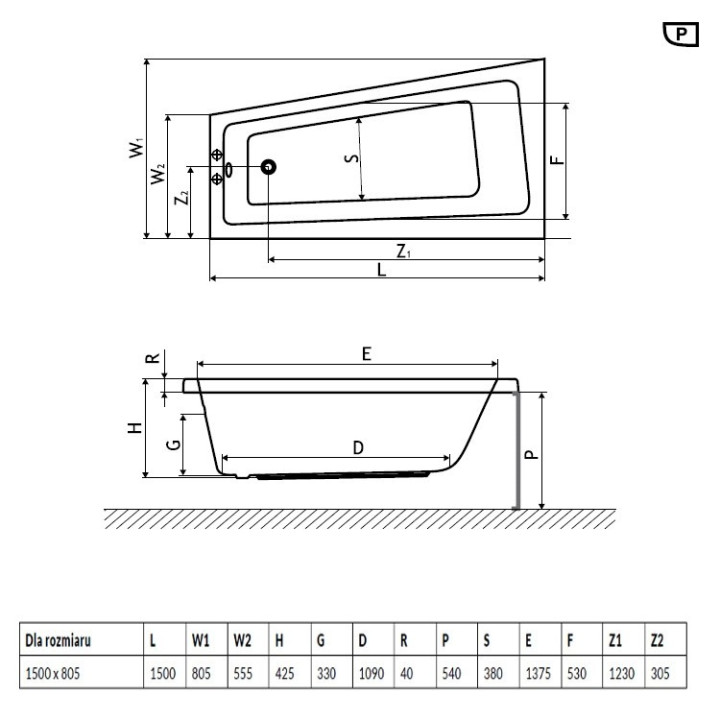 Badewanne Excellent Ava Side Eck- 150x80,5 cm Acryl- links, weiß- sanitbuy.pl