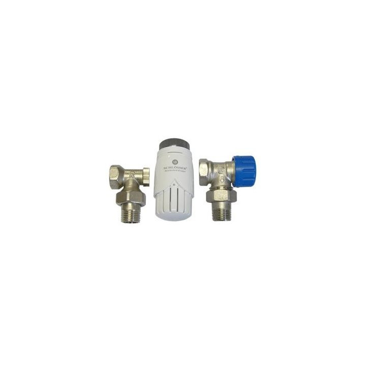 Set armatury grzejnikowej Schlosser figura Eck- (M22x1,5), z białą głowicą- sanitbuy.pl