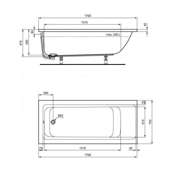 Badewanne rechteckig Ideal Standard Connect Air 170x75cm zum Einbau, weiß- sanitbuy.pl