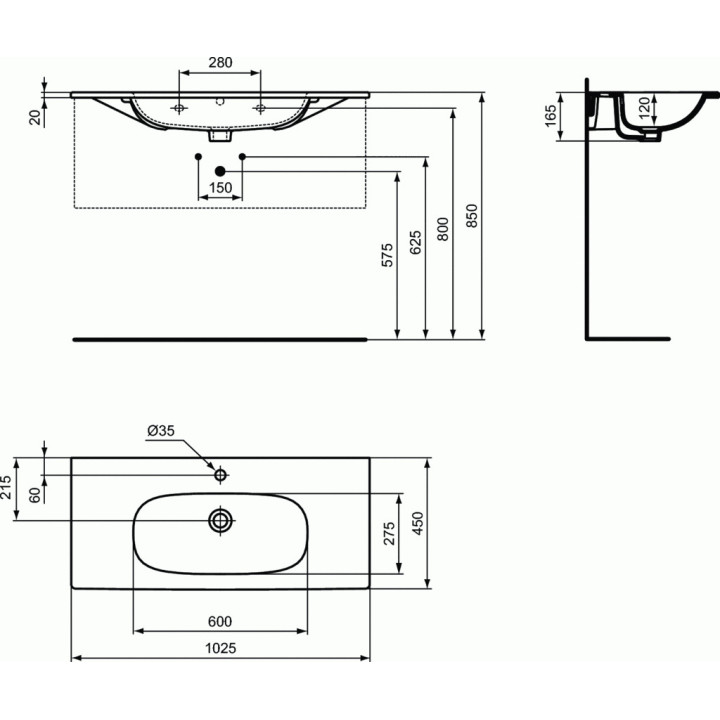 IDEAL STANDARD TESI Waschtisch z powierzchniami bocznymi 1025 x 450 x 165 mm weiß- sanitbuy.pl