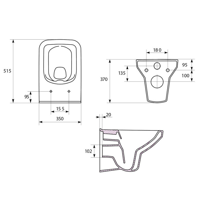 Becken WC hängend Cersanit Como New, 51,5x35cm,  weiß