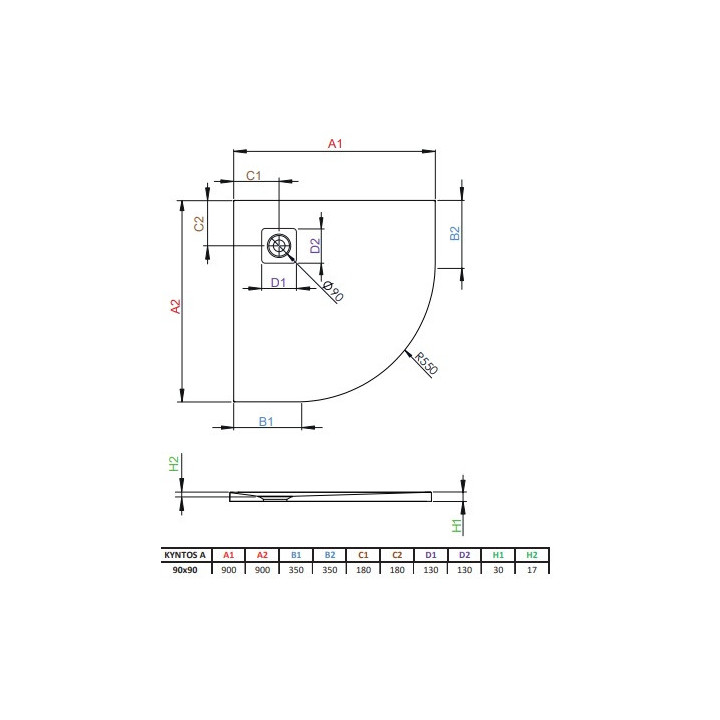 Duschwanne Radaway Kyntos A, halbrund, 90x90, Konglomerat, weiß