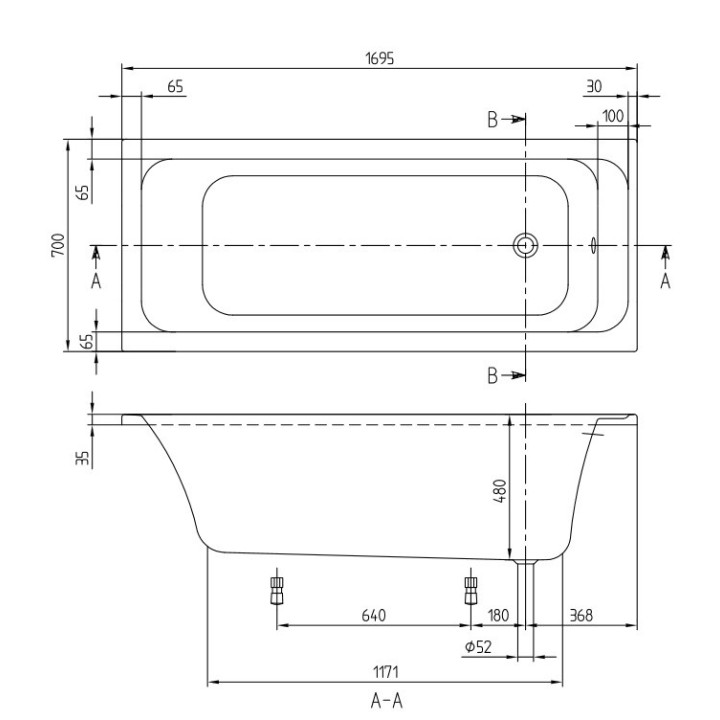 Badewanne rechteckig Villeroy&Boch Architectura Solo, 170x70cm, Acryl-, Weiss Alpin
