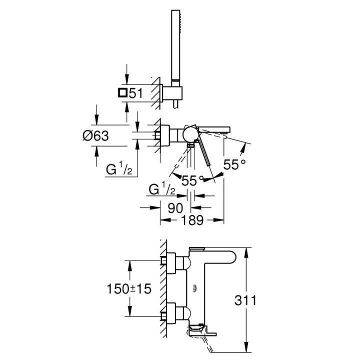 Brausearmatur Grohe Plus, zur Wandmontage, Einhebel-, Chrom