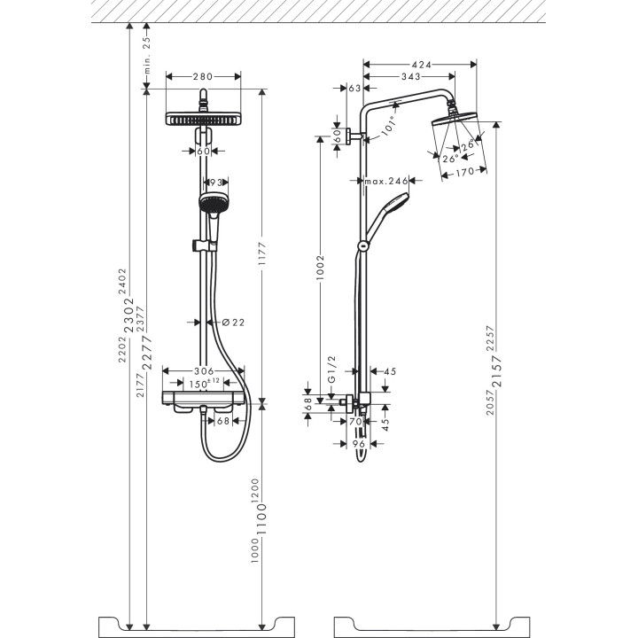Dusch-set Showerpipe Croma E 280 1jet, Armatur thermostatisch, Chrom