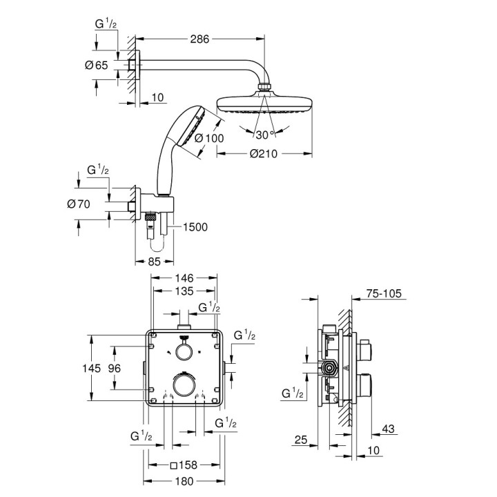 Dusch-set Grohe Tempesta 210, Unterputz, Armatur thermostatisch, Chrom