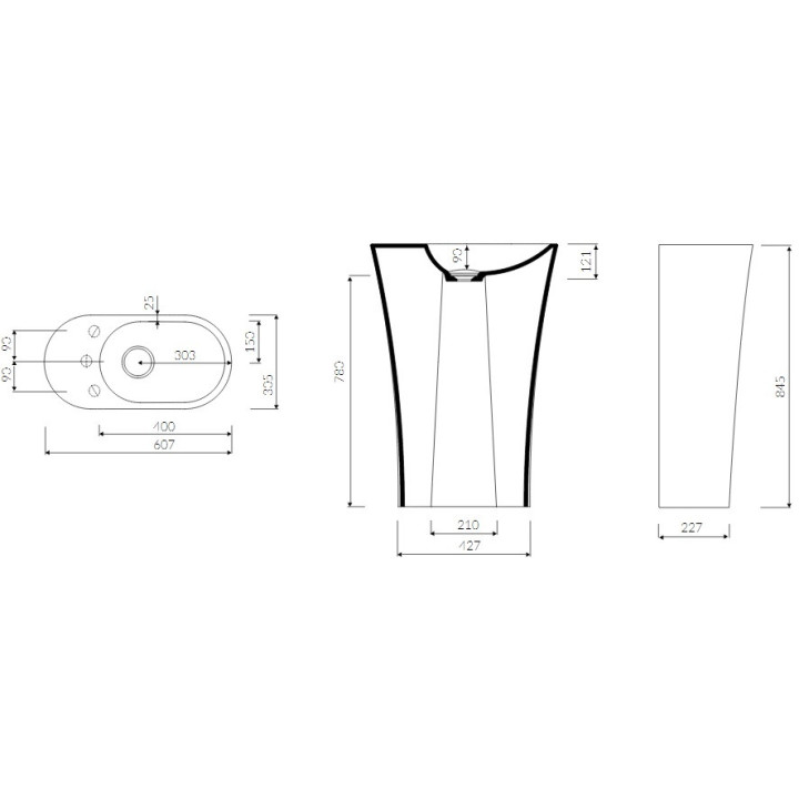Waschtisch freistehend Marmorin Wega 60 SR rechts, 607x305x845 mm ohne Überlauf weiß