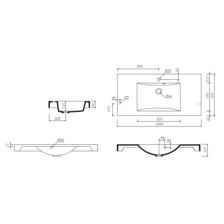 Waschtisch mit unterschrank/Einbau- Marmorin Moira BIS 1000x500x140 mm ohne Überlauf weiß