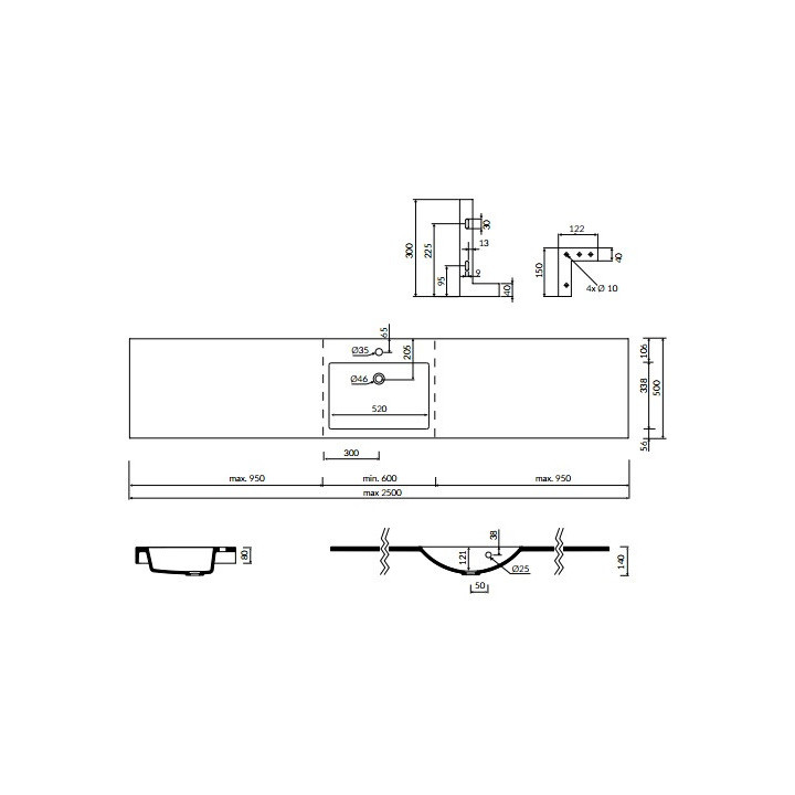Waschtisch mit unterschrank/hängend/regulowana Marmorin Moira BIS 2500, 600-2500x500x140 mm nach Maß weiß 