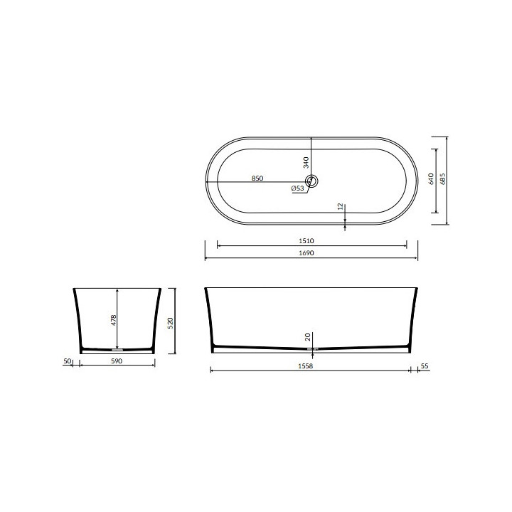 Badewanne Marmorin Wega 169x68 cm, freistehend