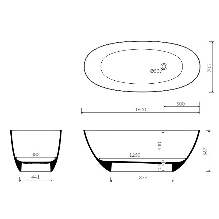 Badewanne freistehend Marmorin Wika, 160x70cm, weiß
