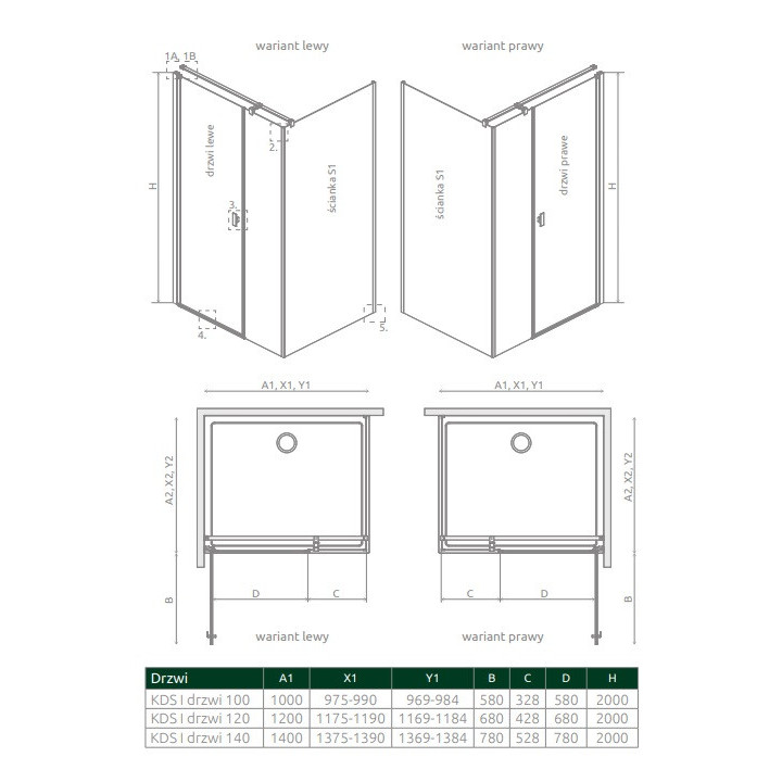 Teil links Kabine prysznicowej Radaway Nes 8 Black KDD I 100, Glas transparent, 1000x2000mm, schwarz profil