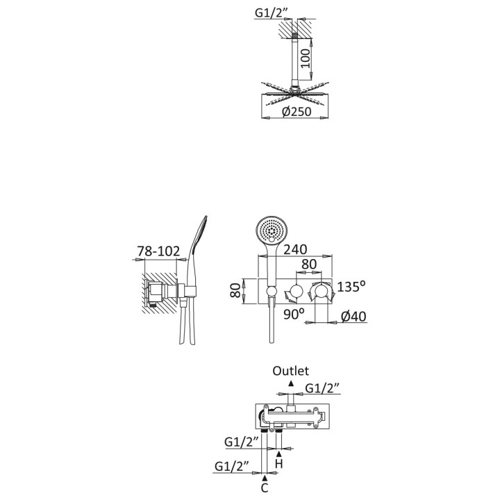Dusch-set Bruma Breeze, Unterputz, Armatur thermostatisch, Kopfbrause mit Arm ściennym 350mm, Handbrause 3-Funktions, Chrom