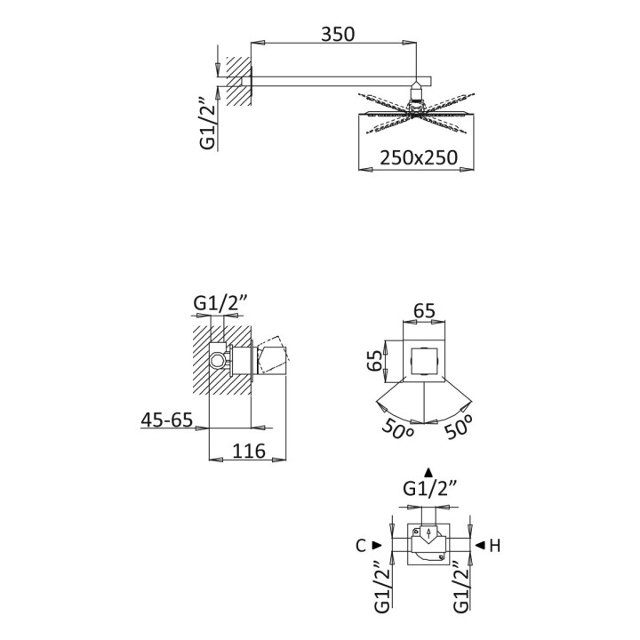 Dusch-set Bruma Adamastor, Unterputz, Kopfbrause 250x250mm mit Arm ściennym 350mm, Chrom