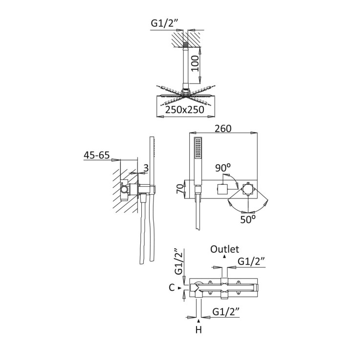 Dusch-set Bruma Adamastor, Unterputz, Kopfbrause 250x250mm mit Arm ściennym 350mm, Handbrause 1-Funktions-, Chrom