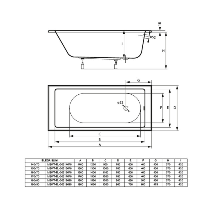 Badewanne rechteckig Massi Elega, 190x90cm, zum Einbau, weiß