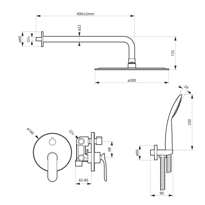 Dusch-set Massi Concepcion, Unterputz, 2 wjścia wody, Kopfbrause 300mm mit Arm ściennym, Handbrause 1-Funktions-, schwarz matt