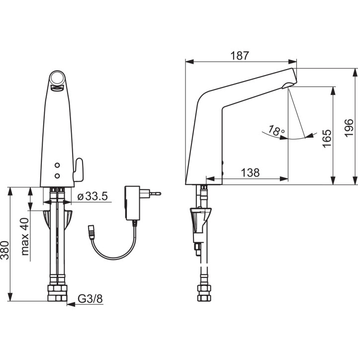 Berührungslos Waschtischarmatur Oras Inspera XS, stehend, Höhe 139mm, Bluetooth, Armatur 6 V, Chrom