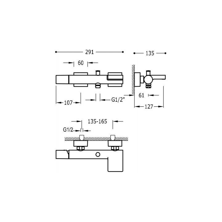 Wannenbatterie Tres Project, Aufputz, mit Kaskade, Dusch-Set, Chrom 