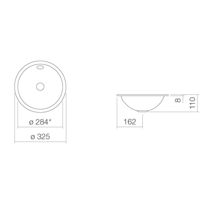 Unterbauwaschtisch Alepe K-Series, rund, 284mm, z Überlauf, UB.K325, weiß