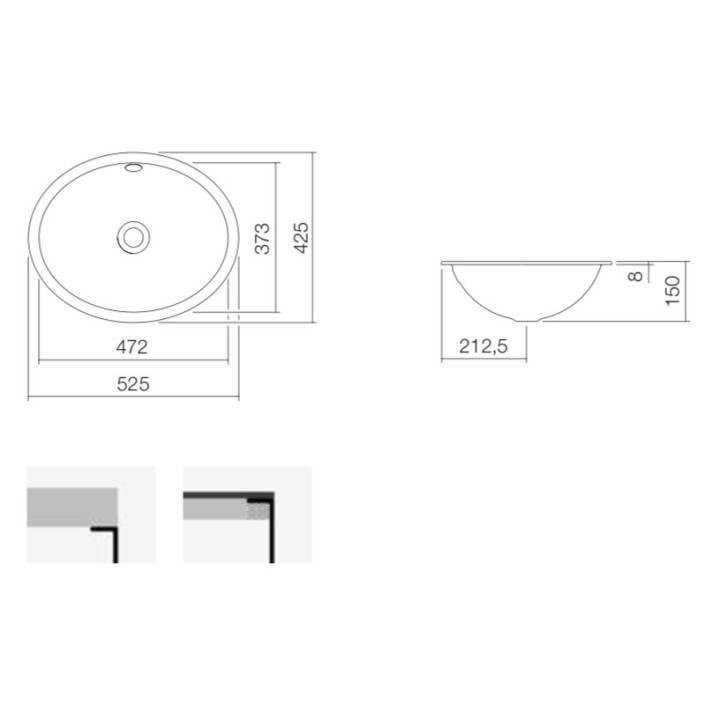 Unterbauwaschtisch Alepe O-Series, oval, 372x273mm, z Überlauf, UB.O425, weiß