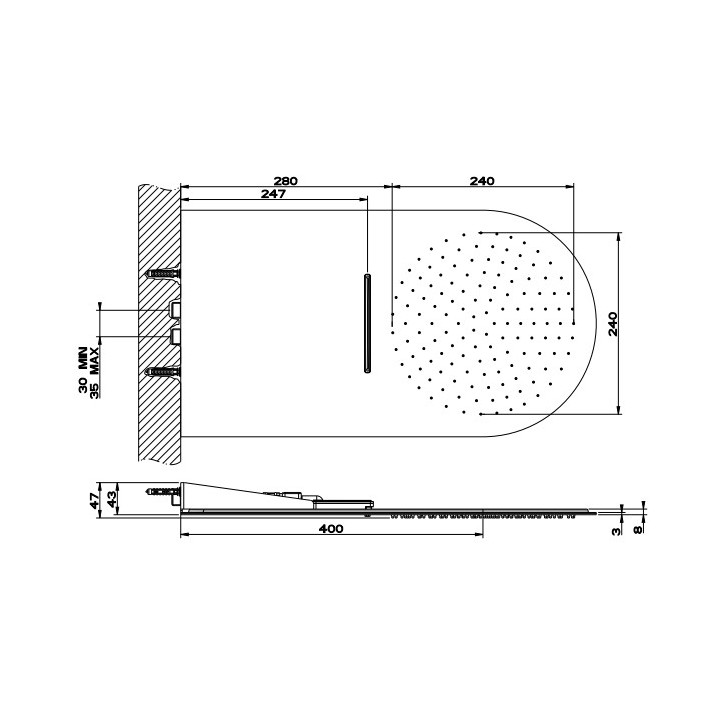 Kopfbrause Gessi Tondo 300, montaż do ściany, 3mm grubości, mirror steel