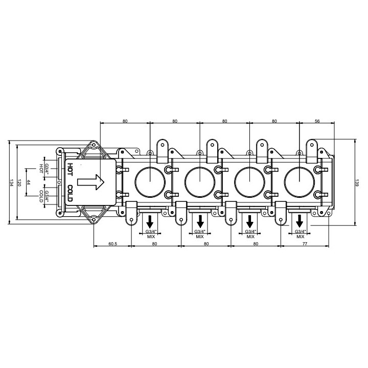 Armatur Brause- Gessi Inciso Wellness, Unterputz thermostatisch, mit 4 Anschlüssen, 3 wyjścia wody, uchwyty krzyżowe, Chrom