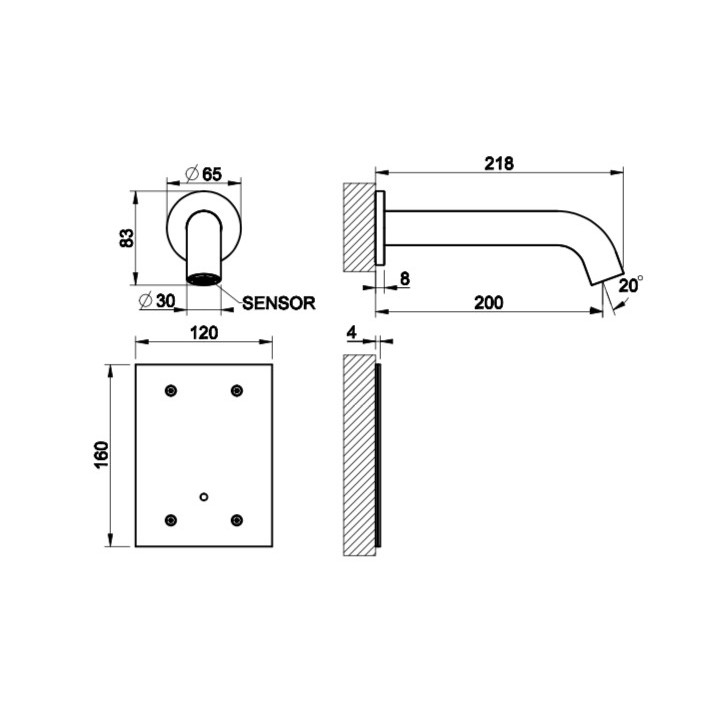 Elektronisch Waschtischarmatur Gessi Trame, zur Wandmontage, Auslauf 146mm, gebürsteter Stahl