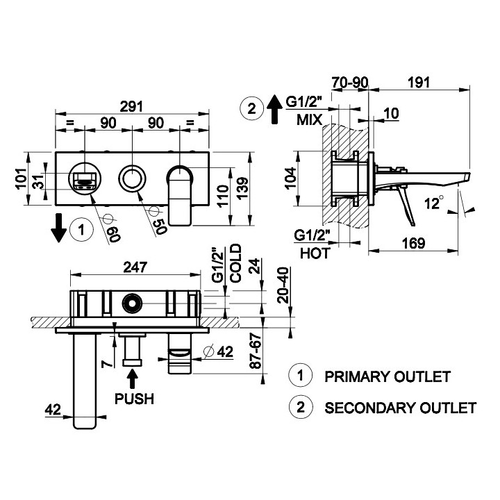 Wannenbatterie Gessi Rilievo, zur Wandmontage, Auslauf 175mm, element Aufputz-, Chrom