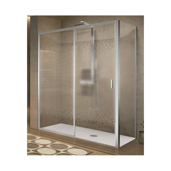 Tür Dusch- Novellini Lines 2.0 2PH, 150cm, Schiebe- ze stałym polem, links, Glas transparent, silbernes Profil