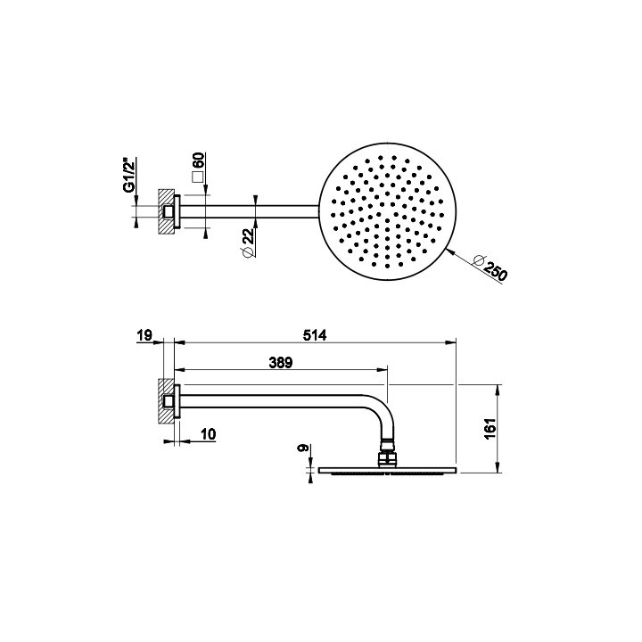 Kopfbrause Gessi Rilievo, quadratisch, 250x250mm, Arm Wand- 389mm, Chrom