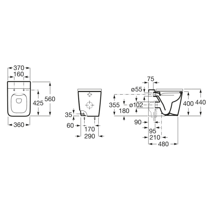 Becken stehend Roca Inspira Round Rimless, 56x37cm, Abfluss doppelt, bezkołnierzowa, weiß