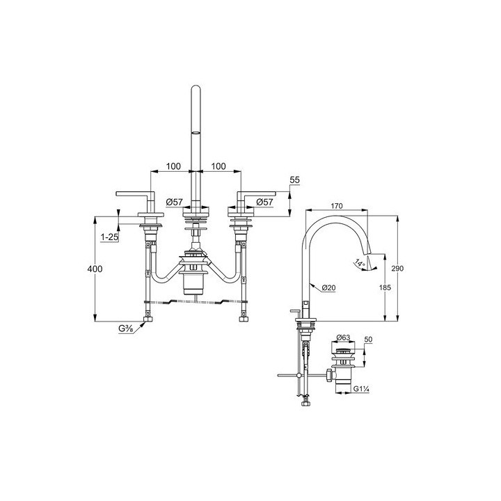 Waschtischarmatur mit 3 anschlüssen Kludi Nova Fonte Puristic, stehend, uchwyty proste, Chrom