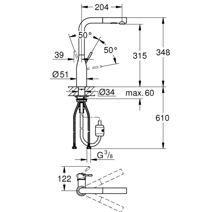 Spültischarmatur Grohe Essence, Höhe 348mm, herausziehbarer Auslauf, 2 strumienie, brushed hard graphite