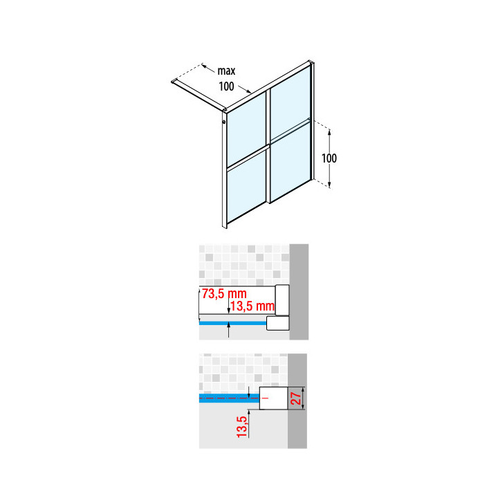 Duschwand Walk-In für die Nische Novellini Kaudra HN Frame, 180x200cm, rechte Version, weißes Profil matt