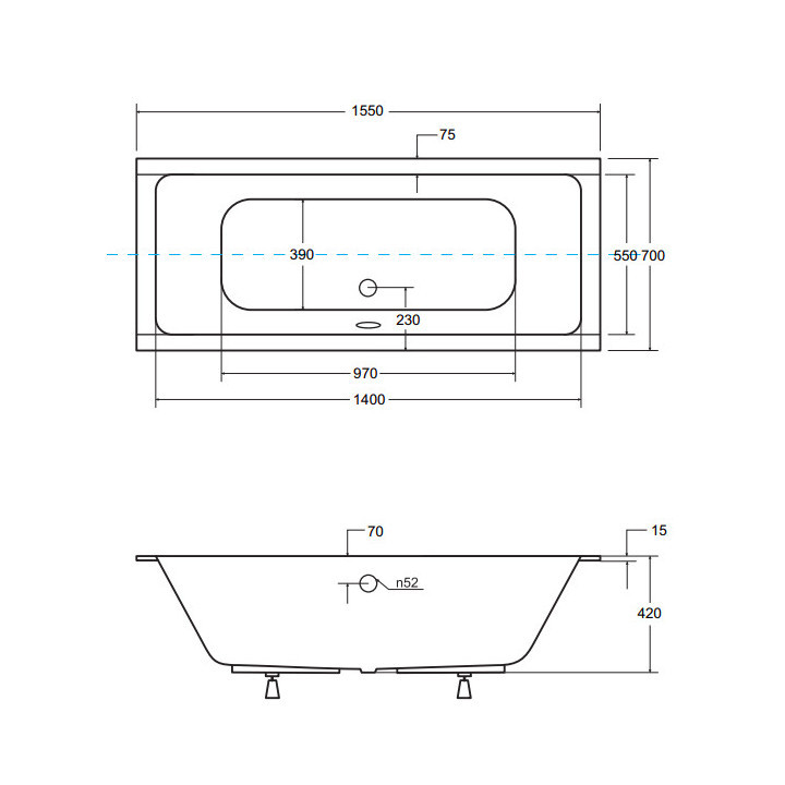Badewanne rechteckig Besco Modern Slim, 140x70cm, Acryl-, weiß